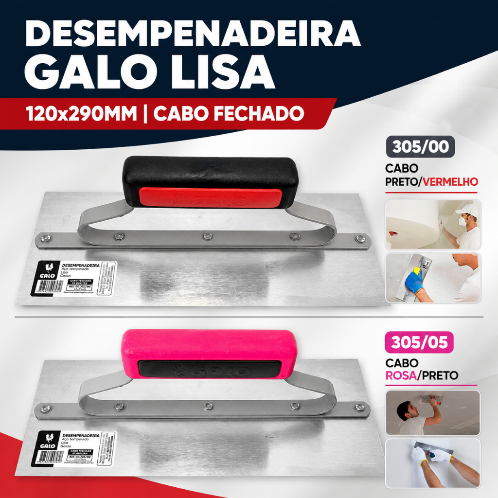 Desempenadeira Galo Lisa 29cm Aço Temperado Zincado Cabo Fechado P/ Gesso e Acabamento 305/00 305/05