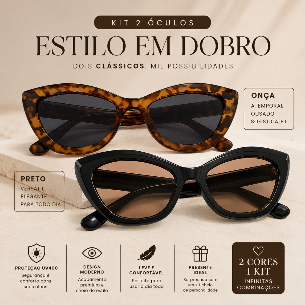Kit 2 Óculos de Sol Feminino Gatinho Preto UV400 Elegante Dia a Dia Clássico Moderno
