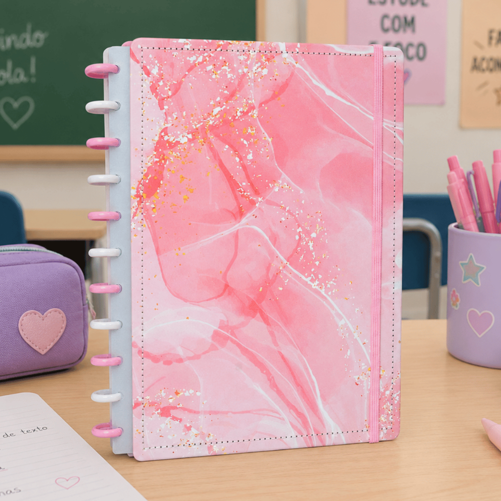 Caderno Capa Dura Médio M Disco Reposicionável Gran Rosa Ideal para organização e estudos dia a dia