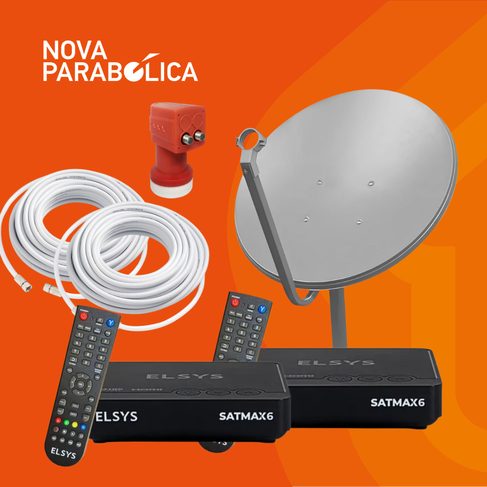 Kit Nova Parabólica, 2 Receptores Elsys Satmax + Antena Ku + Lnbf Duplo + 2 Cabo 15 metros + 4 Conectores