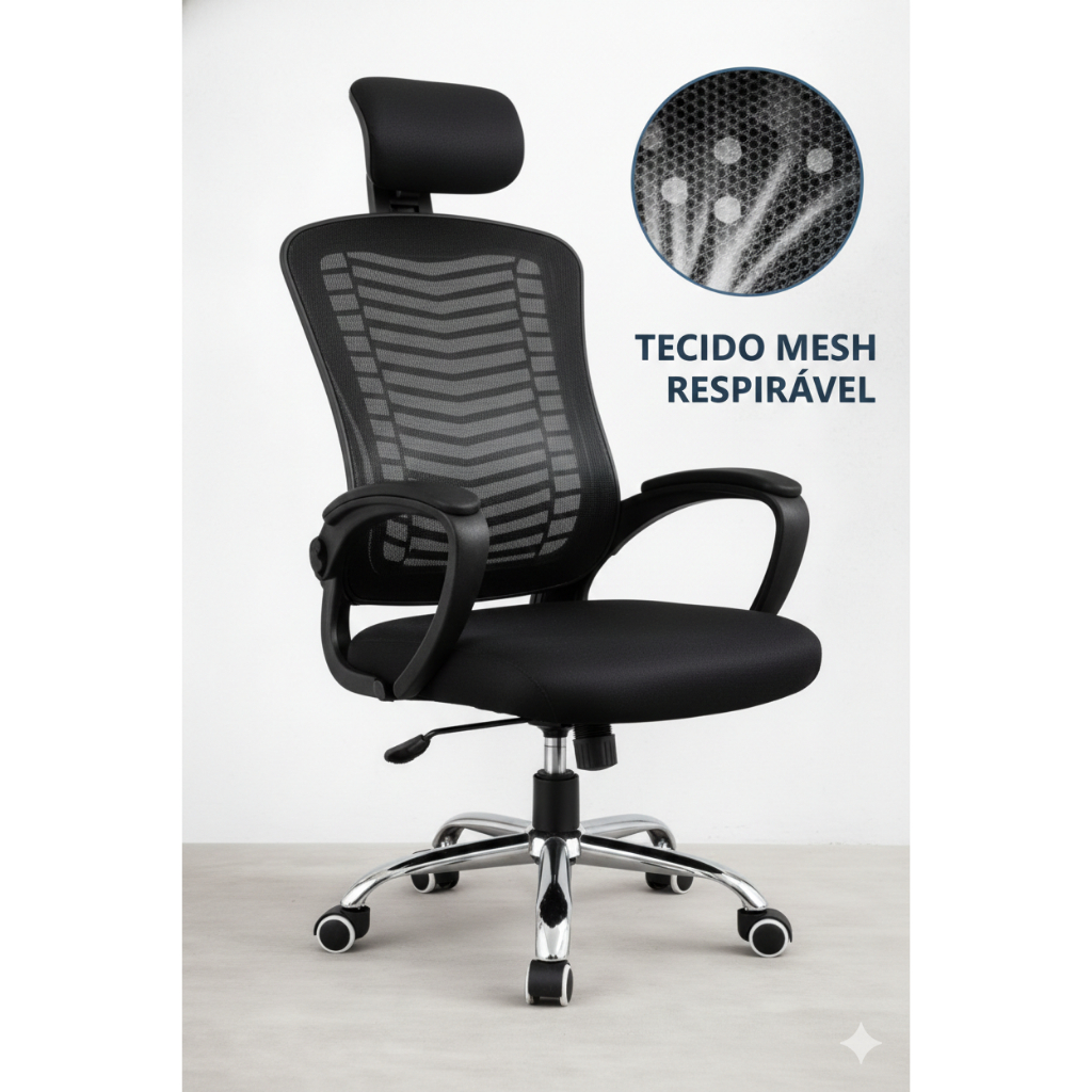 Cadeira Ergonômica De Escritório Com Encosto Mesh Respirável Giratória Home Office Gamer Presidente Rodinhas Cromada