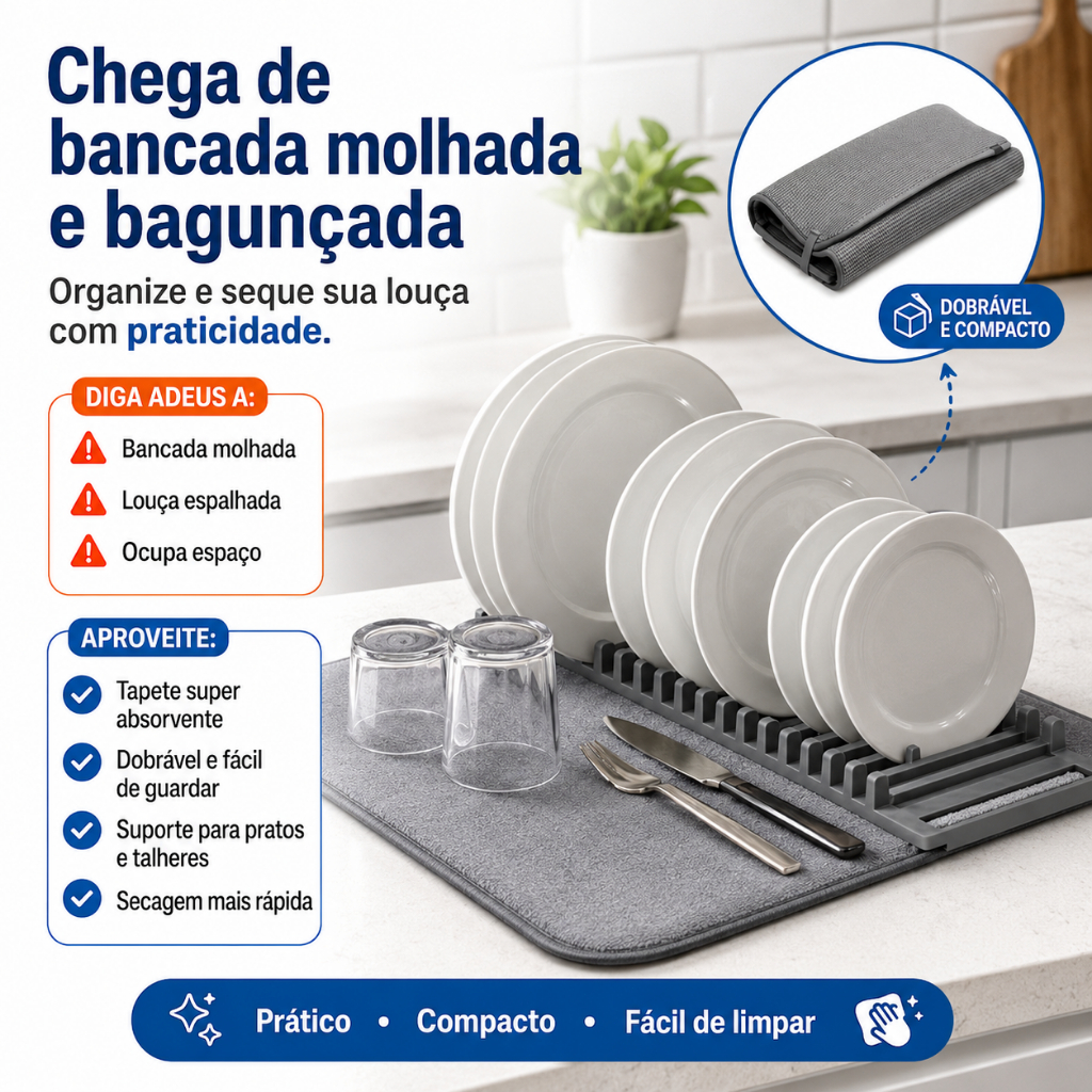 Escorredor de Louça Dobrável 2 em 1 com Tapete Absorvente para Cozinha Organizador de Pratos Copos Talheres Panelas Cinz