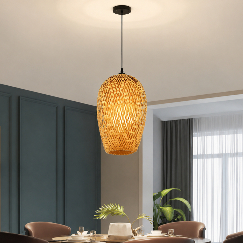 Lustre Pendente Luminária de Teto Em Bambu Natural Arrow 40x20cm Rústica Para Sala Cozinha