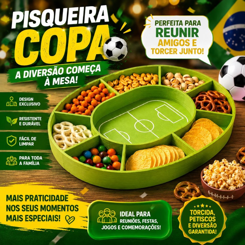 Petisqueira Campo | Envio Imediato | Copa do Mundo Futebol | Bandeja para Petiscos e Frios | Ideal para Amigos e Família