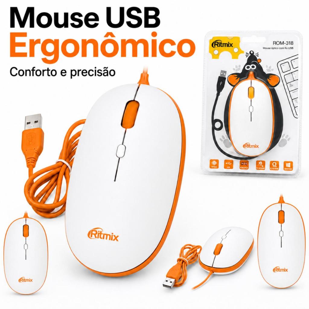 Mouse Ergonômico USB Ritmix ROM-318 Conforto para Ambidestro com Alta Precisão Sem Dor e Produtivo
