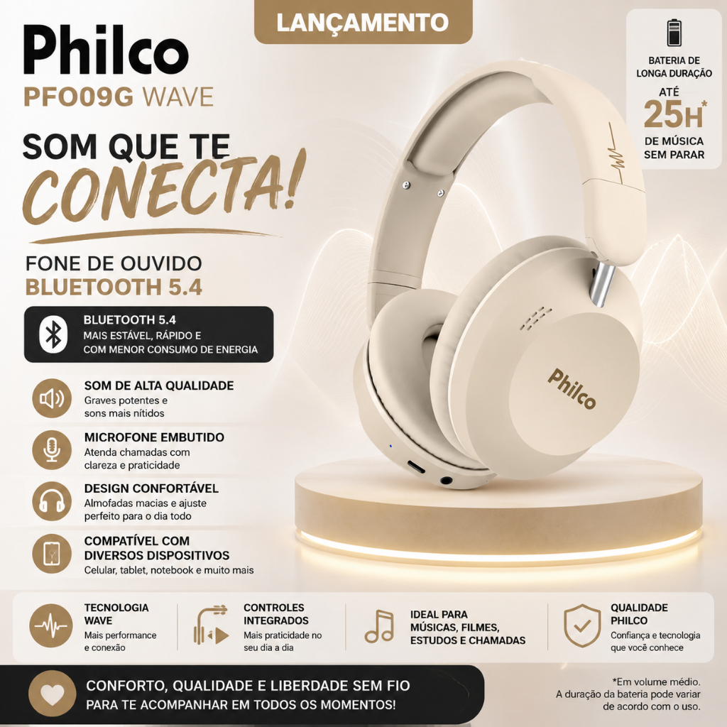 Fone de Ouvido Philco PFO09G Wave Bluetooth 5.4