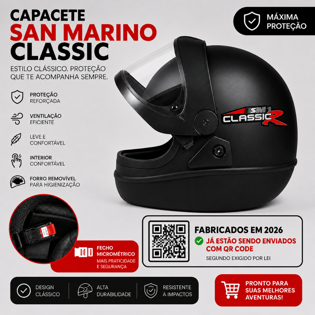 Capacete San Marino Classic Fechado Preto Fosco Original Inmetro Viseira Taurus Antirrisco Moto