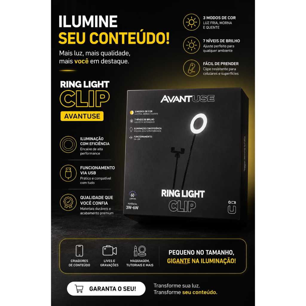 Ring Light de Clipe USB LED 3 Modos de Luz 7 Níveis de Brilho Flexível para Celular Notebook Gravação Lives Maquiagem Ho