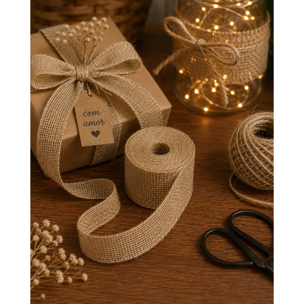Fitas de juta rústicas com acabamentos perfeitos — ideal para artesanatos, laços, decoração e embalagens.