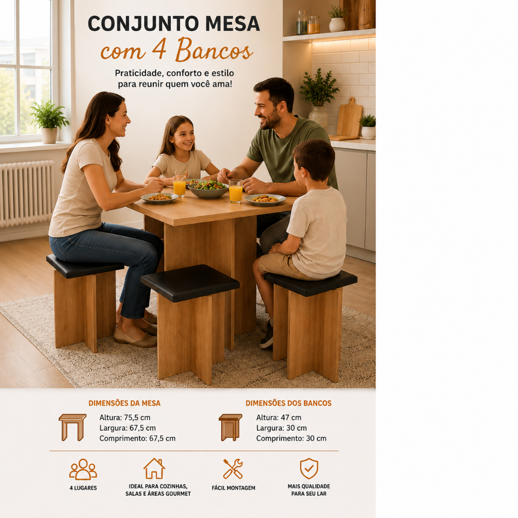 Mesa de Jantar 4 Lugares com 4 Bancos Compacta Amadeirada Cozinha Sala de Jantar - CASA LGM