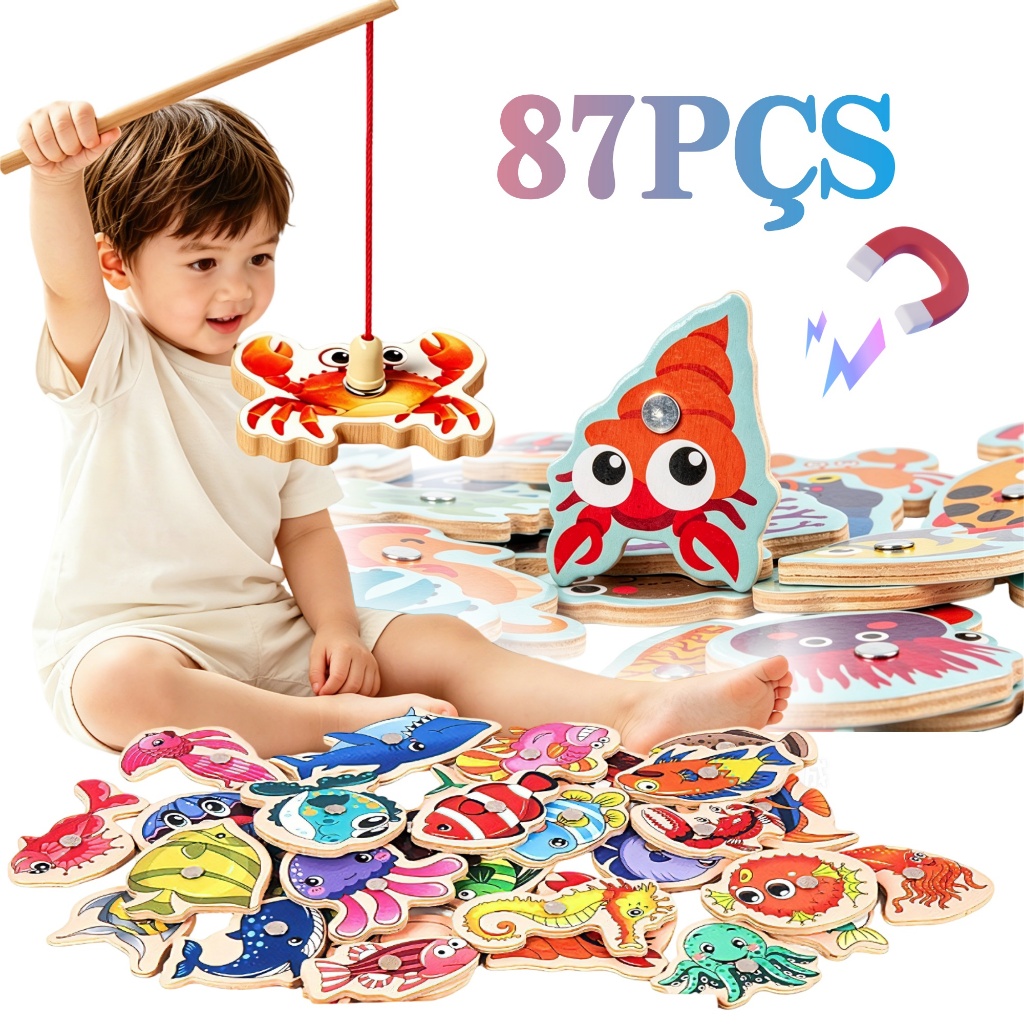 87pçs Peças Jogos de Pescaria Magnético de Madeira Brinquedos Montessori Educacional para Crianças