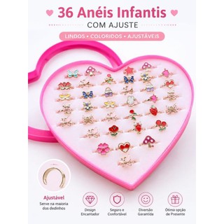 Kit 36 Anéis Infantis Ajustáveis Coloridos | Anel Infantil Feminino com Estojo Coração | Brinquedo Menina Presente