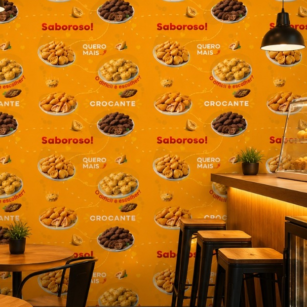 Papel de Parede Adesivo Salgados Coxinha Fundo Amarelo Lanchonete Salgaderia Pastel Cozinha Gourmet