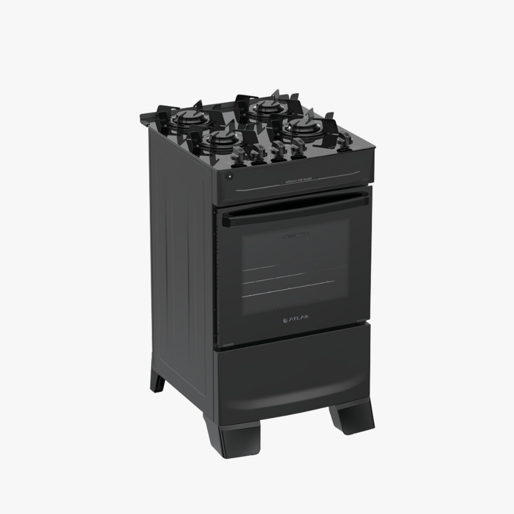 Detalhes do Fogão 4 Bocas Preto com Mesa de Vidro Atlas Mônaco Top Glass Acendimento Automático Bivolt