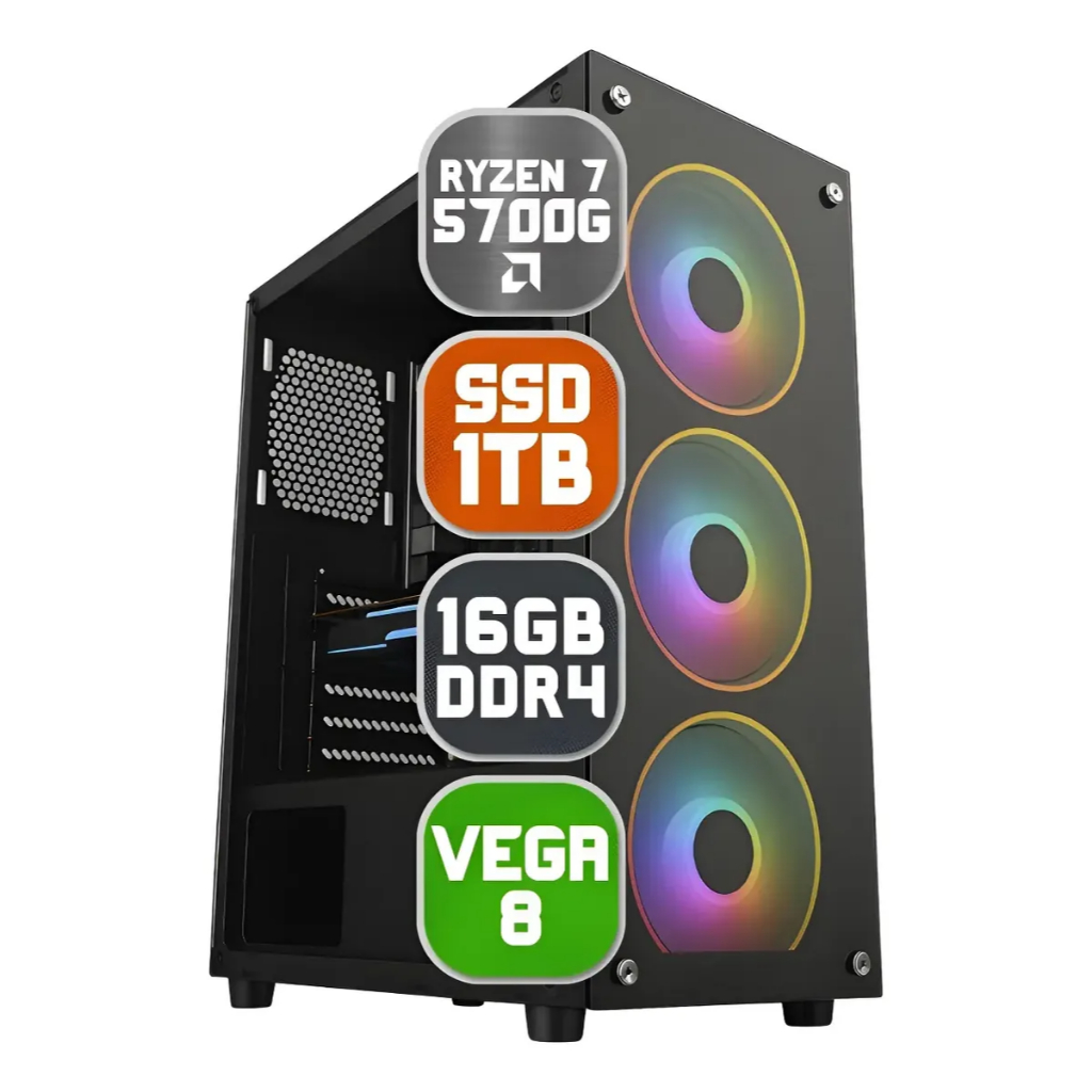 Pc Computador Gamer Amd Ryzen 7 5700g, 16gb Ddr4, NVME 1tb, 500w - Gabinete Game