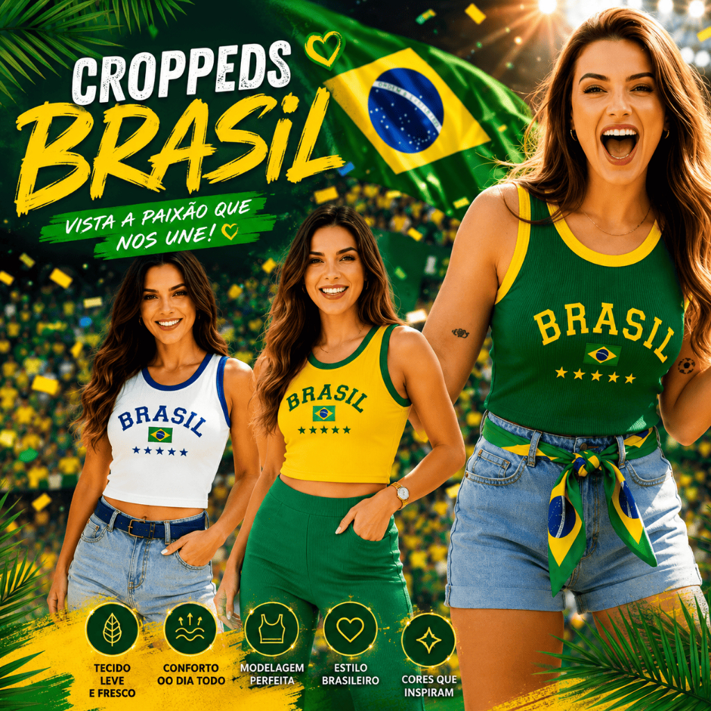 Regata (cropped) Feminina Brasil Ribana Estampada COPA DO MUNDO 2026 Verde, Amarela, Branca e Azul TAM UNICO