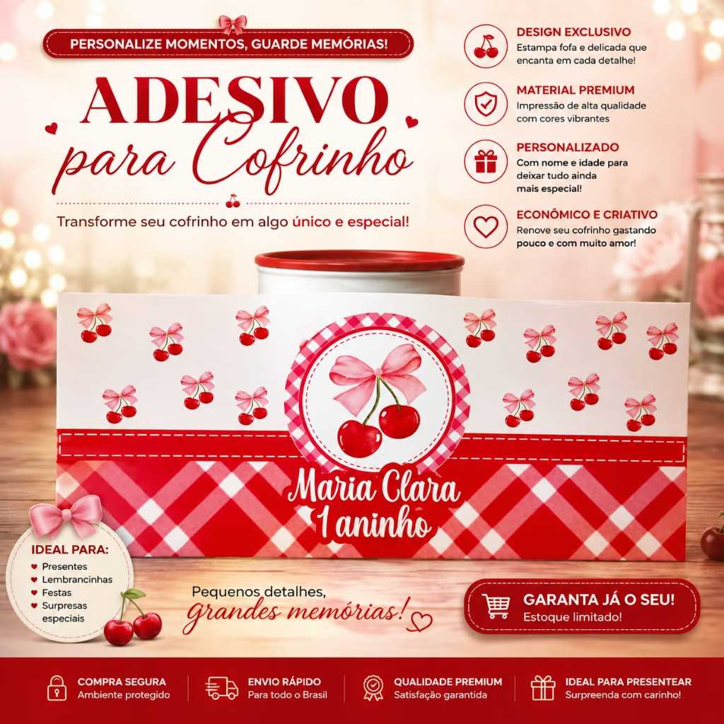 Rótulo Adesivo para Cofrinho Personalizado Cerejinha  - Ideal para Lembrancinha/ Decoração Festa