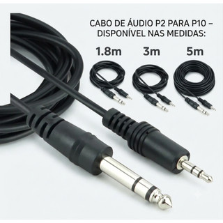 Cabo P2 para P10 Estéreo Profissional 1,8m/3m/5m Mesa de Som Microfone Caixa Guitarra Violão