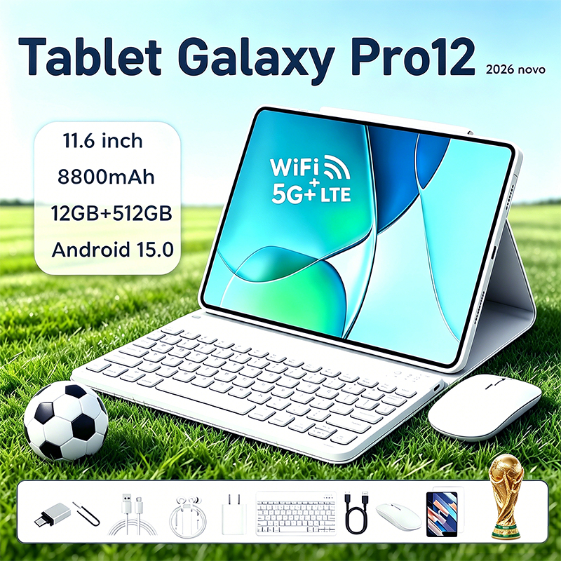 Tablet Galaxy Pro12 com Teclado e Mouse Grátis | 12GB RAM 512GB | Tela HD 11.6" | Android 15 | 5G