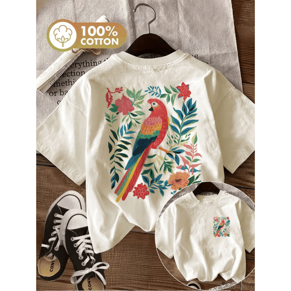 Camisa Camiseta Feminina Arara Floral Desenho Estiloso Confortável Tendência 100% Algodão