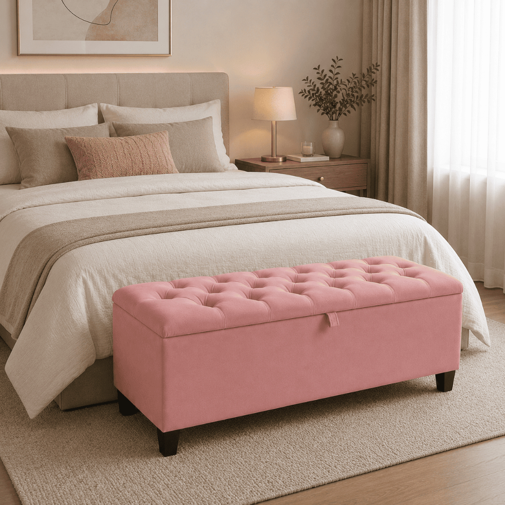 Banco Baú Puff Recamier 120cm Estofado Com Grande Capacidade Interna Para Enxoval E Cobertores Envio Full Cor Rosa