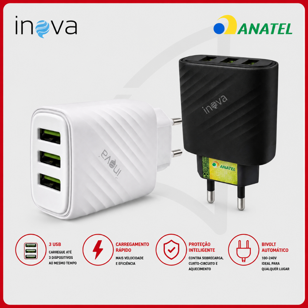 Fonte USB Inova Prime 5.1A 3 Saídas Carregador Rápido Universal