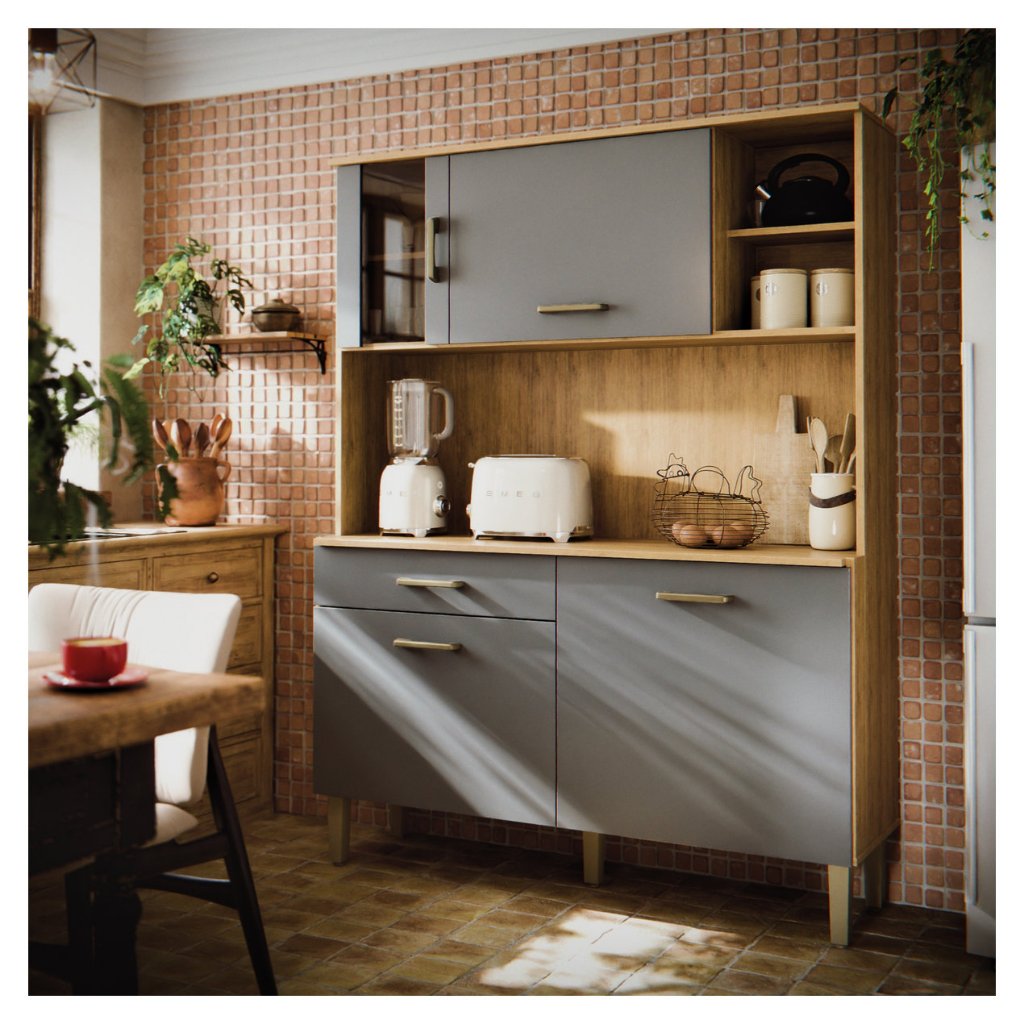 Armário de Cozinha Compacta 4 Portas e Gaveta Com Balcão e Aéreo com Nicho Completa Com Vidro Verona