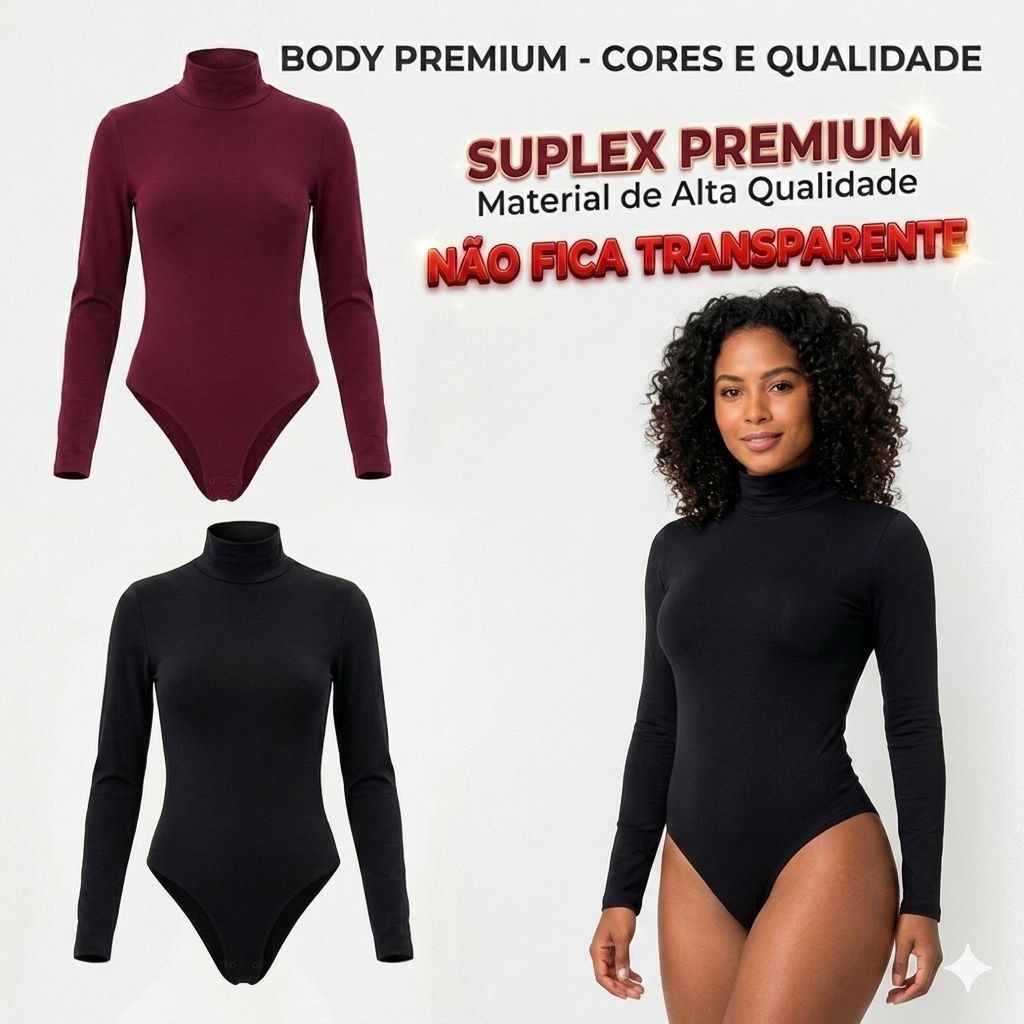 Body Manga Longa Feminino Suplex Premium Gola Alta Fecho Duplo