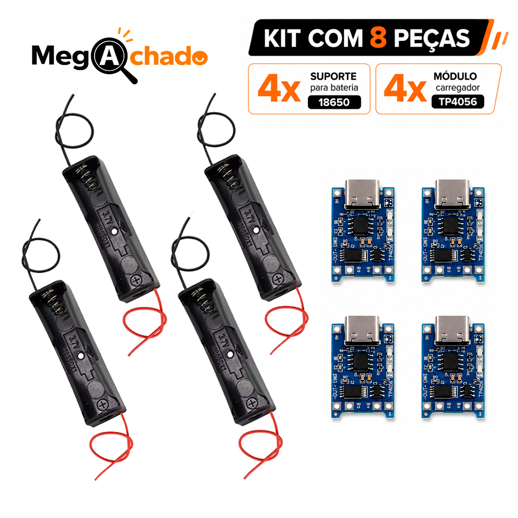 Kit 4 Suportes 18650  Pilha Litio + 4 Módulos Carregador TP4056 USB-C