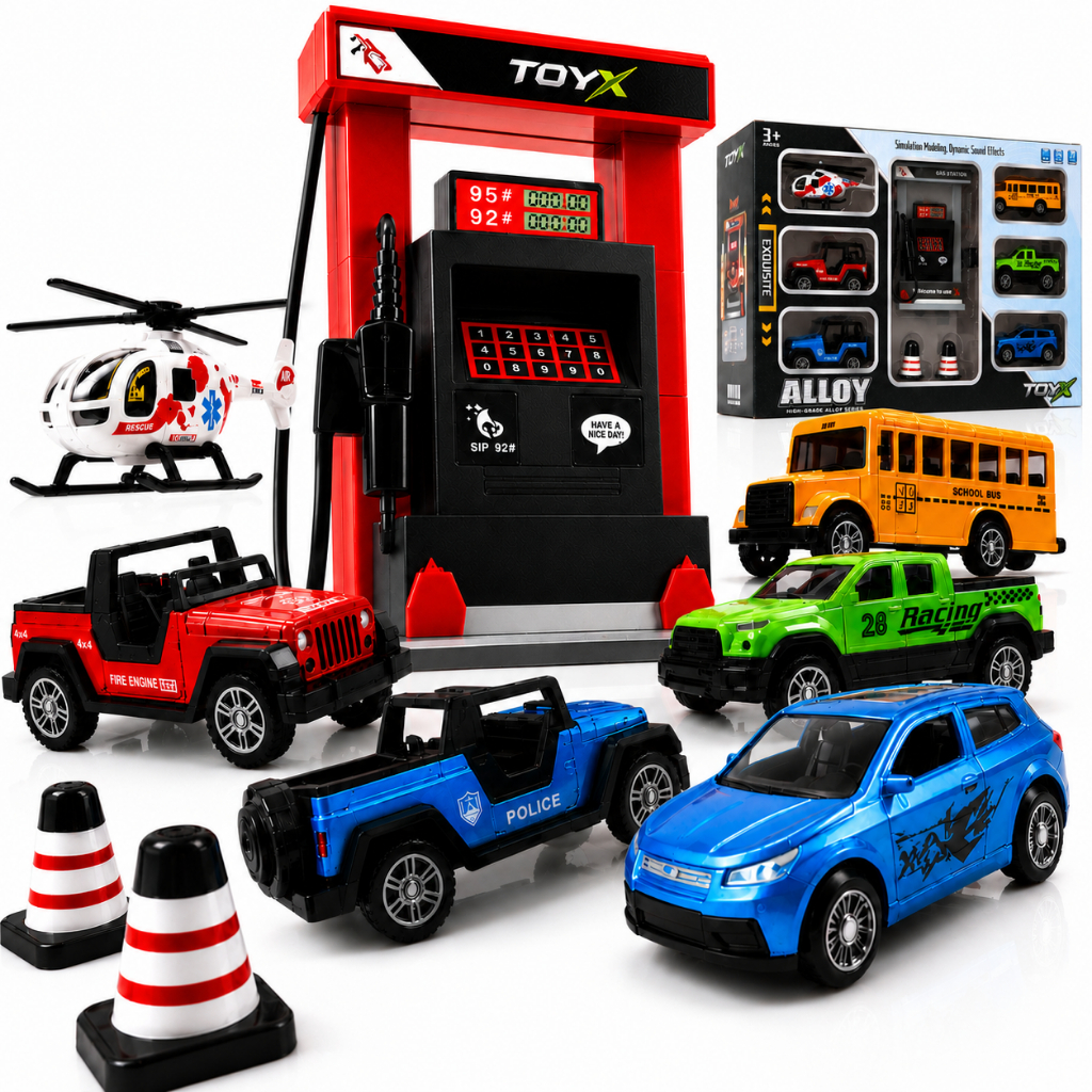 Posto De Gasolina C/6 Carrinho Brinquedo Metal Efeitos Som Infantil