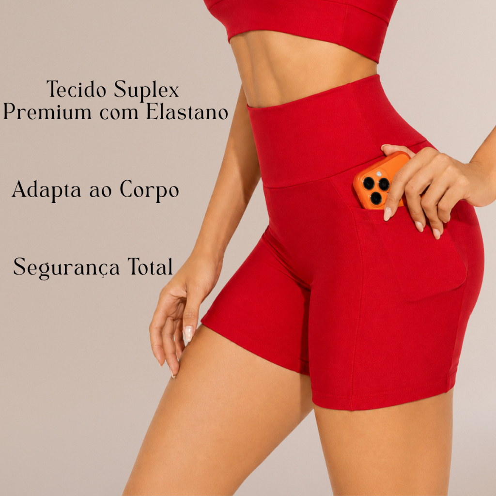 Short Feminino Fitness para Academia Bolso Duplo Cintura Alta Corrida exercício físico Caminhada.