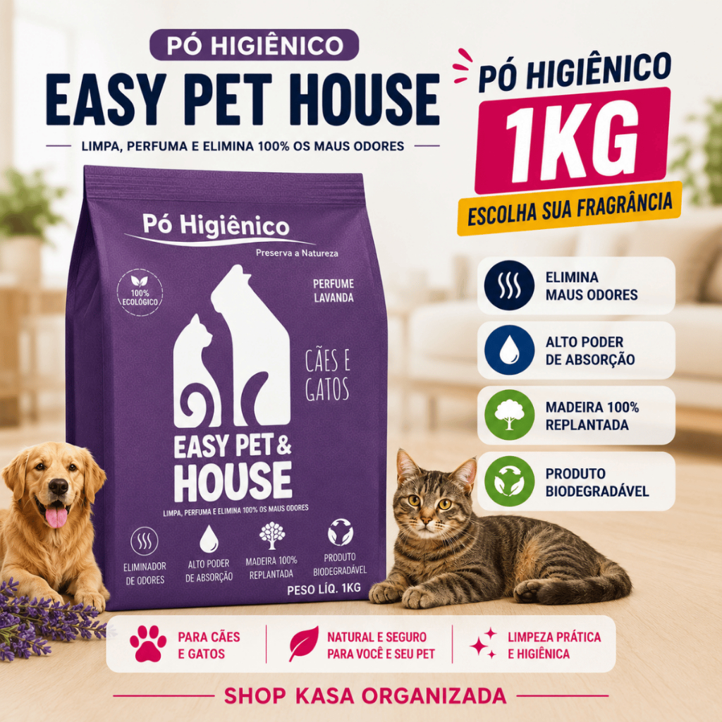 Pó Higiênico para Cachorro e Gato Easy Pet & House 1kg – Absorvente, Biodegradável e Elimina Odores