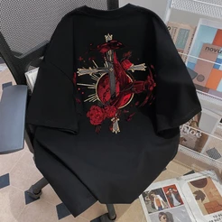 Alta Qualidade! Camiseta Oversized Cruz de Rosas 100% Algodão Dupla Estampa | Promoção Limitada