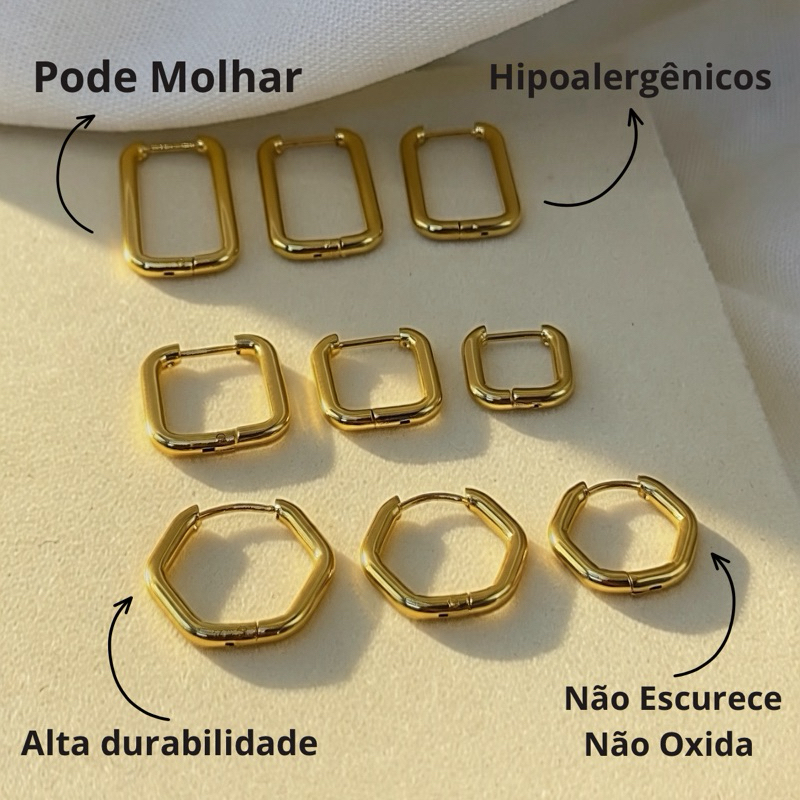 Trio 3 Pares Brincos À Prova d’Água Hipoalergênicos Aço Inoxidável 316L Não escurece Não oxida