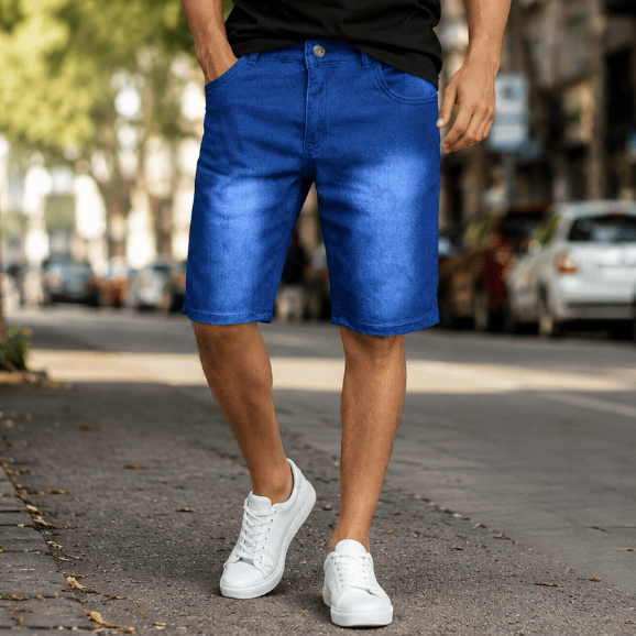 Bermuda Jeans Casual Básica Masculina Lycra Elastano Confortável Slim – Jeans Escuro Lisa Premium