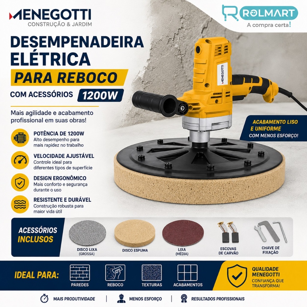 Desempenadeira Elétrica Para Reboco Com Acessórios 1200w MDE Menegotti