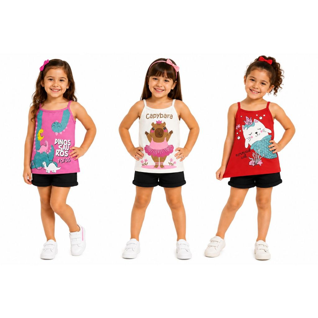 kit 3 Blusas de Alça Menina Infantil Juvenil Verão