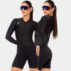 Macaquinho Ciclismo Feminino Macacão Manga Longa Forro Gel Way Fresh Preto Roupa Bike Pedal Mtb