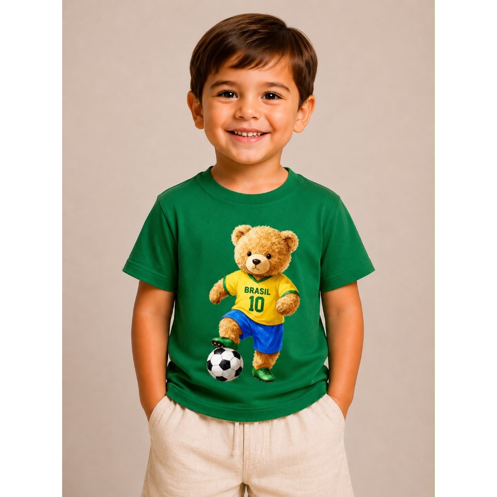Camiseta Infantil Ursinho Torcedor Brasil 10 Futebol