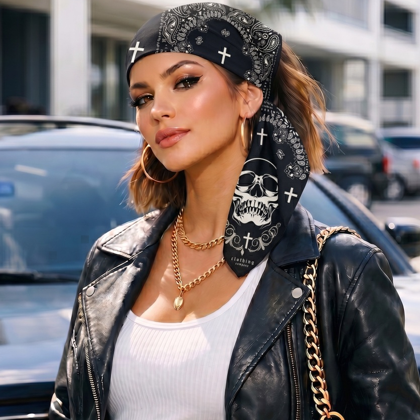 Lenço Bandana Caveira Cruz Mexicana Gotico Dark Rock Helanca 60cm ou 90cm Acessório Cabelo Cabeça