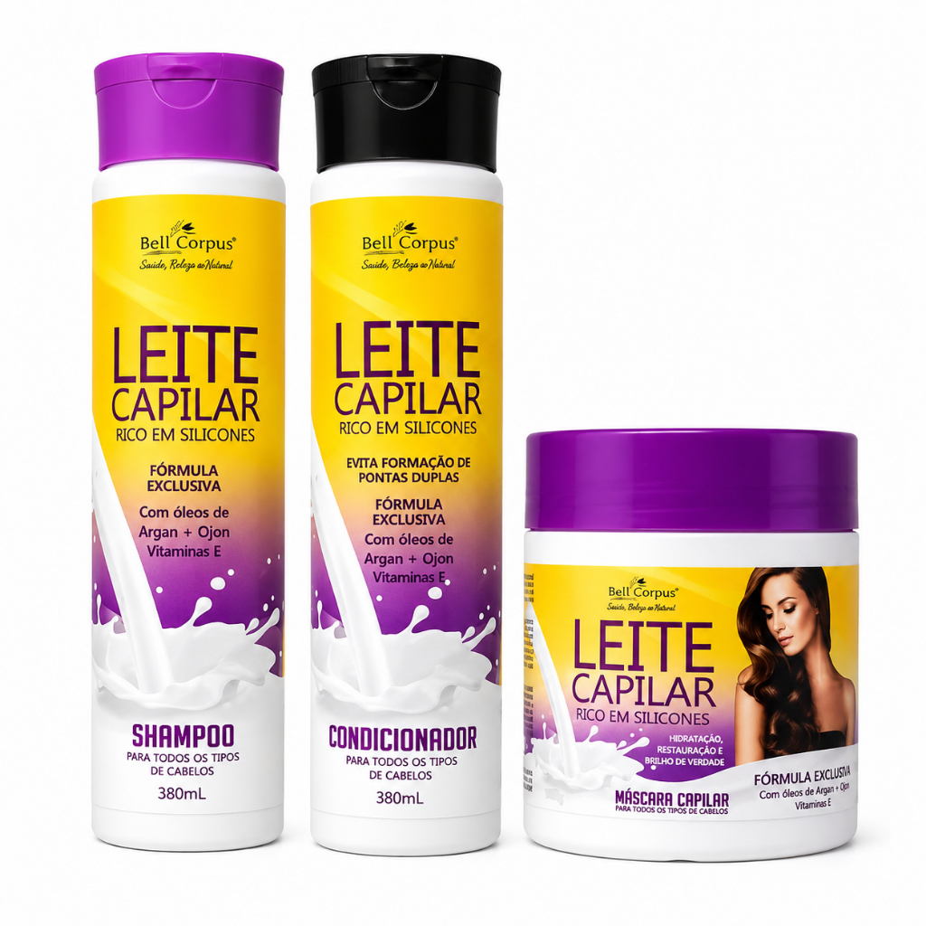 Kit Leite Capilar Tratamento Capilar Bellcorpus - 3 Produtos cabeols com brilho