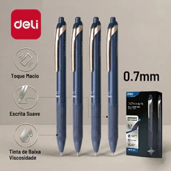 Kit 4 Canetas Esferográficas Deli 0.7mm Grip Anatômico Retrátil para Escola Escritório