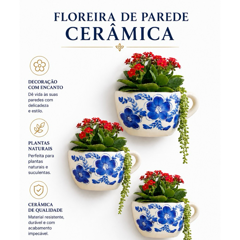 Kit 3 Floreira de Parede em Cerâmica Artesanal Desenhada à Mão | Vaso Decorativo para Plantas e Jardim
