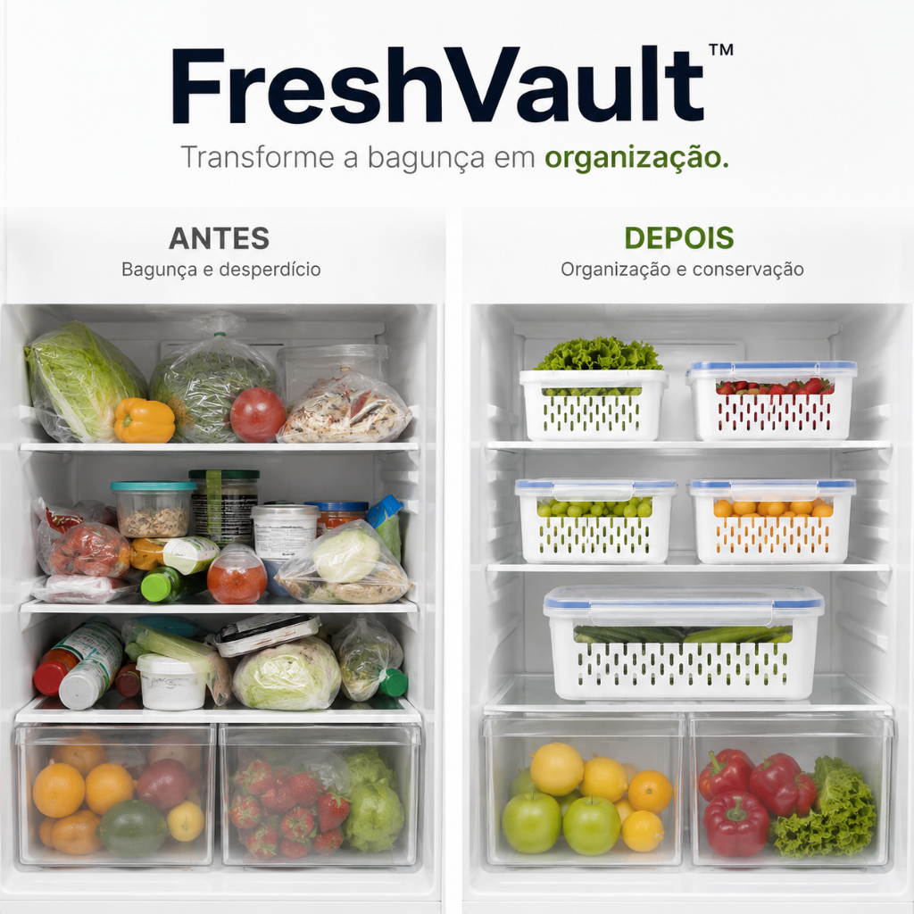 Kit 3 Potes Herméticos com Cesto Organizador de Geladeira Conserva Frutas Verduras e Legumes