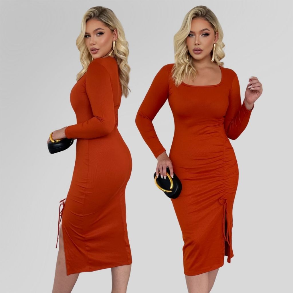 Vestido Midi Canelado Feminino Manga Longa Ajustável com Fenda Lateral Elegante Festa