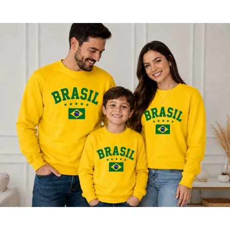 Kit 3 moletom  Pai Mae Filho Filha copa Brasil Família Verde Amarelo Bandeira Brasil Estrelas Penta
