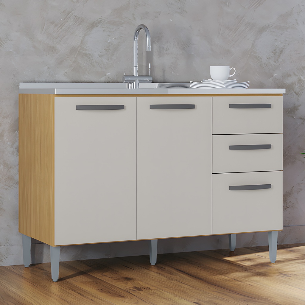 Balcão de Cozinha com Pia Inox 120cm 3 Portas 2 Gavetas Livy P11 Damasco/Off White - Mpozenato