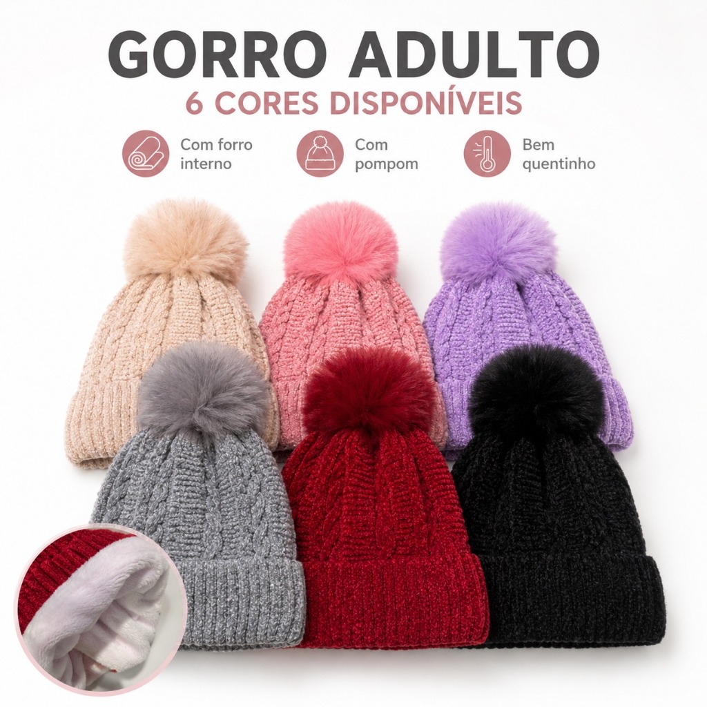 Gorro Adulto Com Pompom e Forro Interno Touca de Inverno Quentinha Tamanho Único 30x20cm