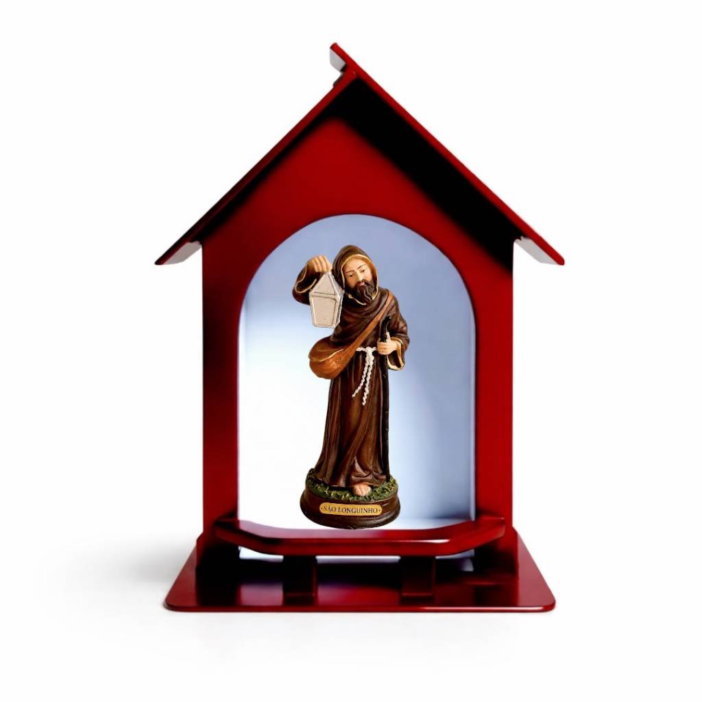 Escultura Católica São Longuinho 15cm em Resina com Capela de Madeira