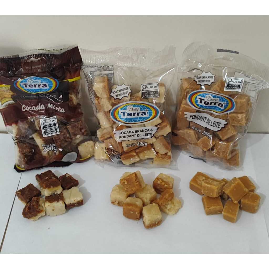kit 3 unidades 1 cubinhos de leite, 1cubinhos cocada branca c/leite, 1 cocada mista, 200gr cada